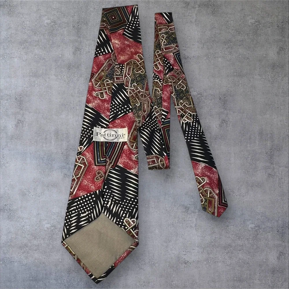 Patinni Union Made Silk Tie Red Black Geometric Pattern‎ Vintage Neckwear USA